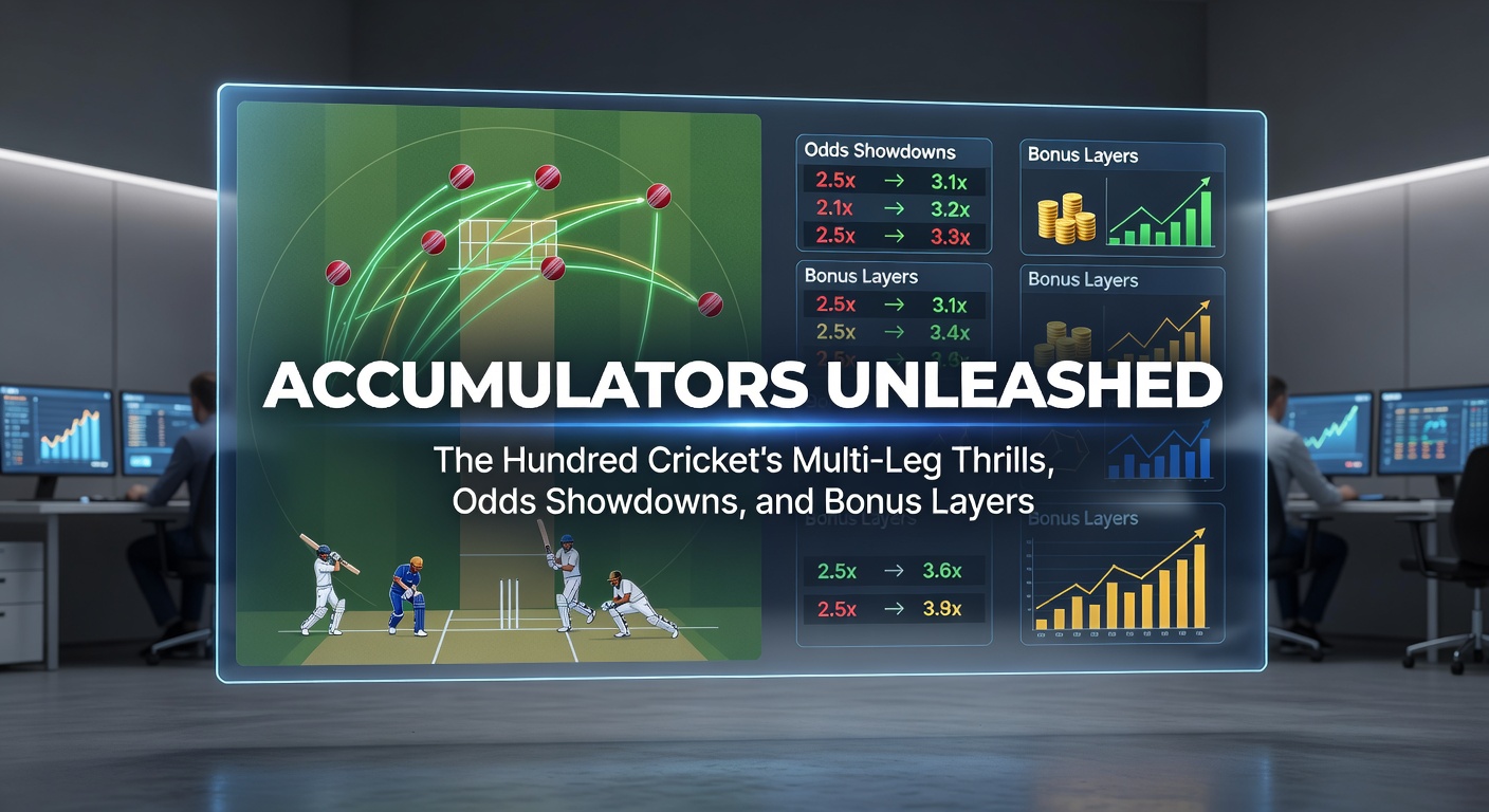 Vibrant scene from The Hundred cricket match showing players in action amid exploding accumulator bet graphics symbolizing multi-leg thrills