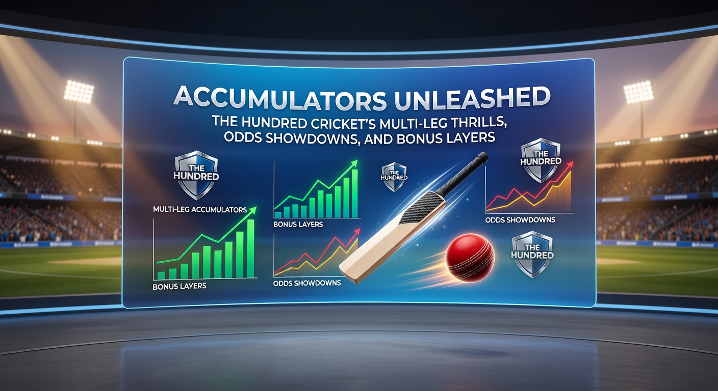 Close-up of betting slip showing multi-leg accumulator on The Hundred matches with odds breakdowns and bonus icons overlaid