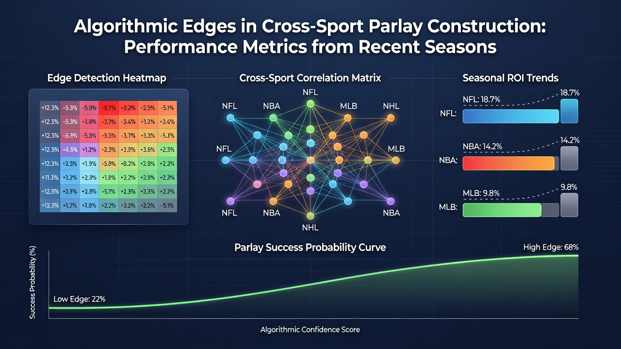 Charts displaying performance metrics and ROI trends for cross-sport algorithmic parlays from 2024 to 2026 seasons