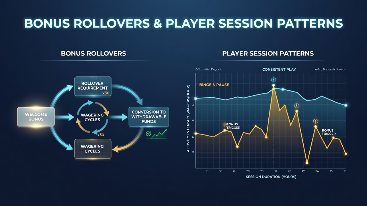 Digital casino interface showing bonus rollover progress bars and session timers