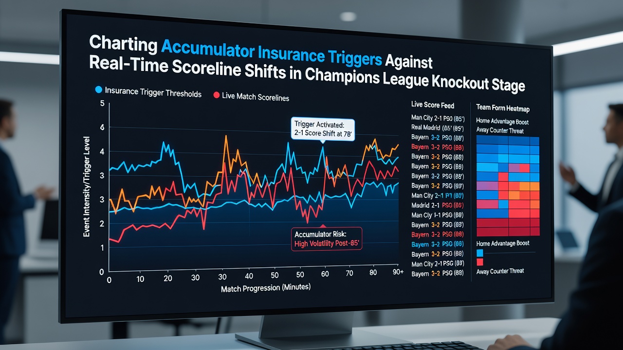 Dashboard interface showing accumulator insurance parameters adjusting to live Champions League score changes