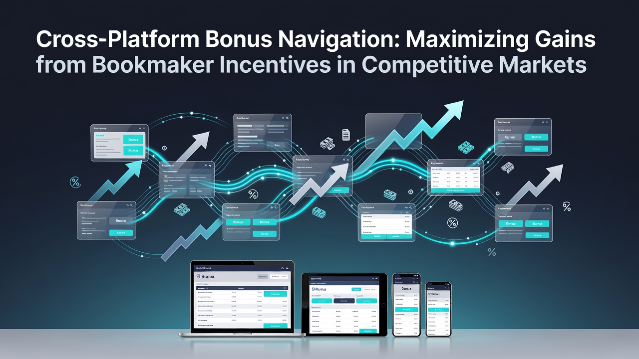 Illustration of cross-platform betting bonus navigation showing multiple bookmaker apps and incentive icons on a digital interface