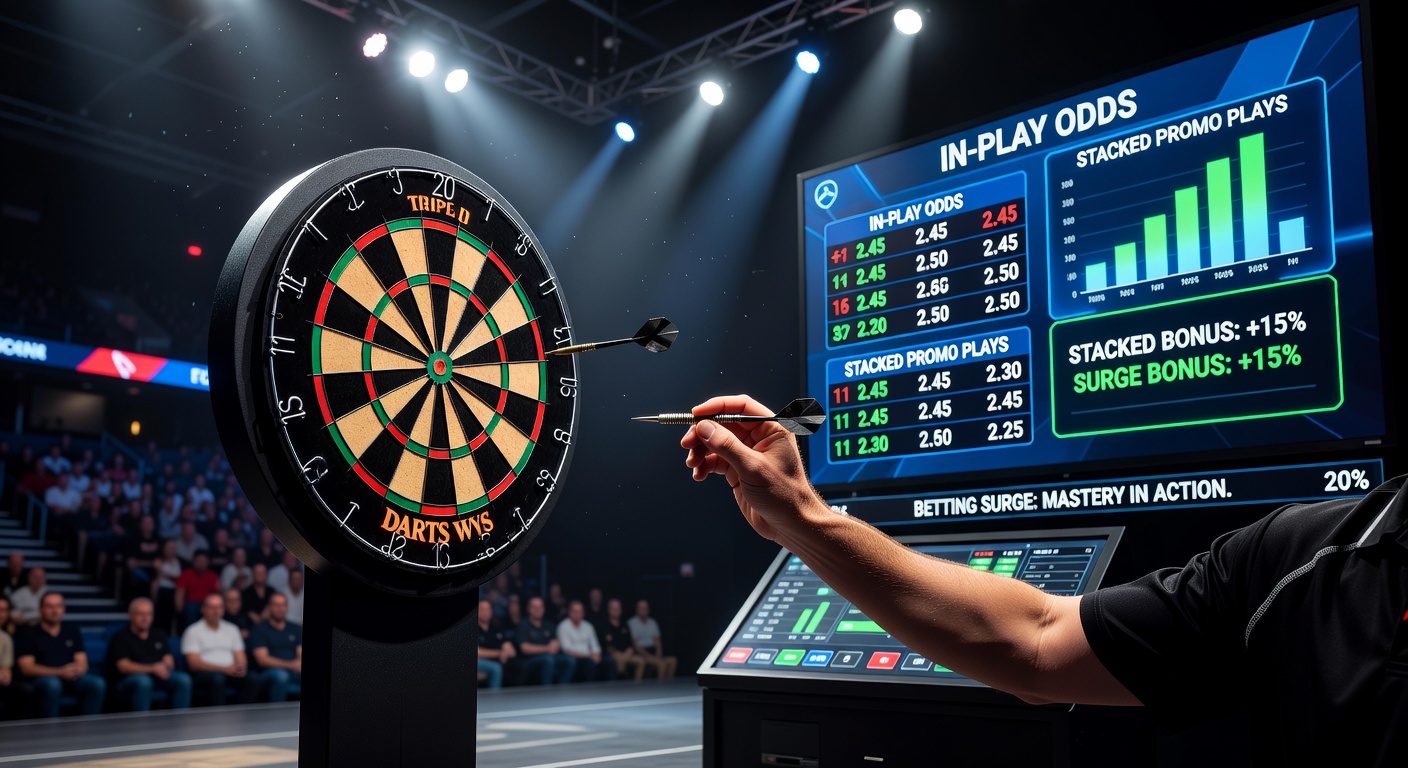 Players competing intensely at the PDC Darts World Championship, with spotlights highlighting the oche and cheering crowds