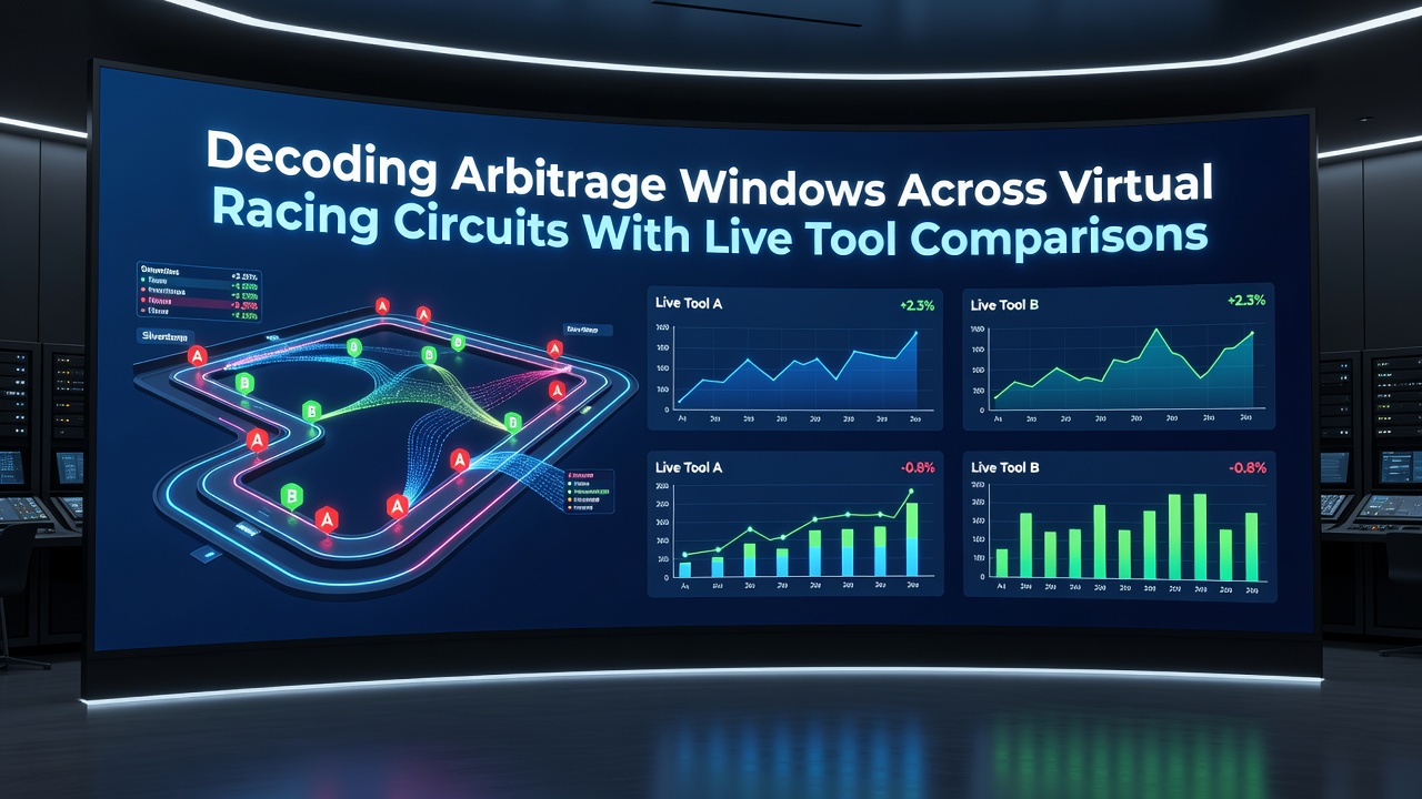 Virtual racing circuit interface showing live odds and arbitrage detection tools in action