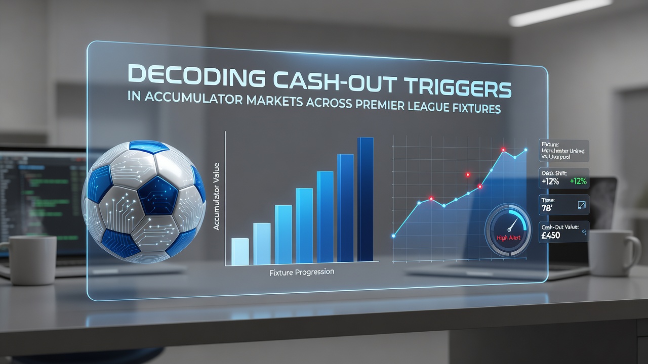 Premier League match action with accumulator betting data overlays showing cash-out indicators