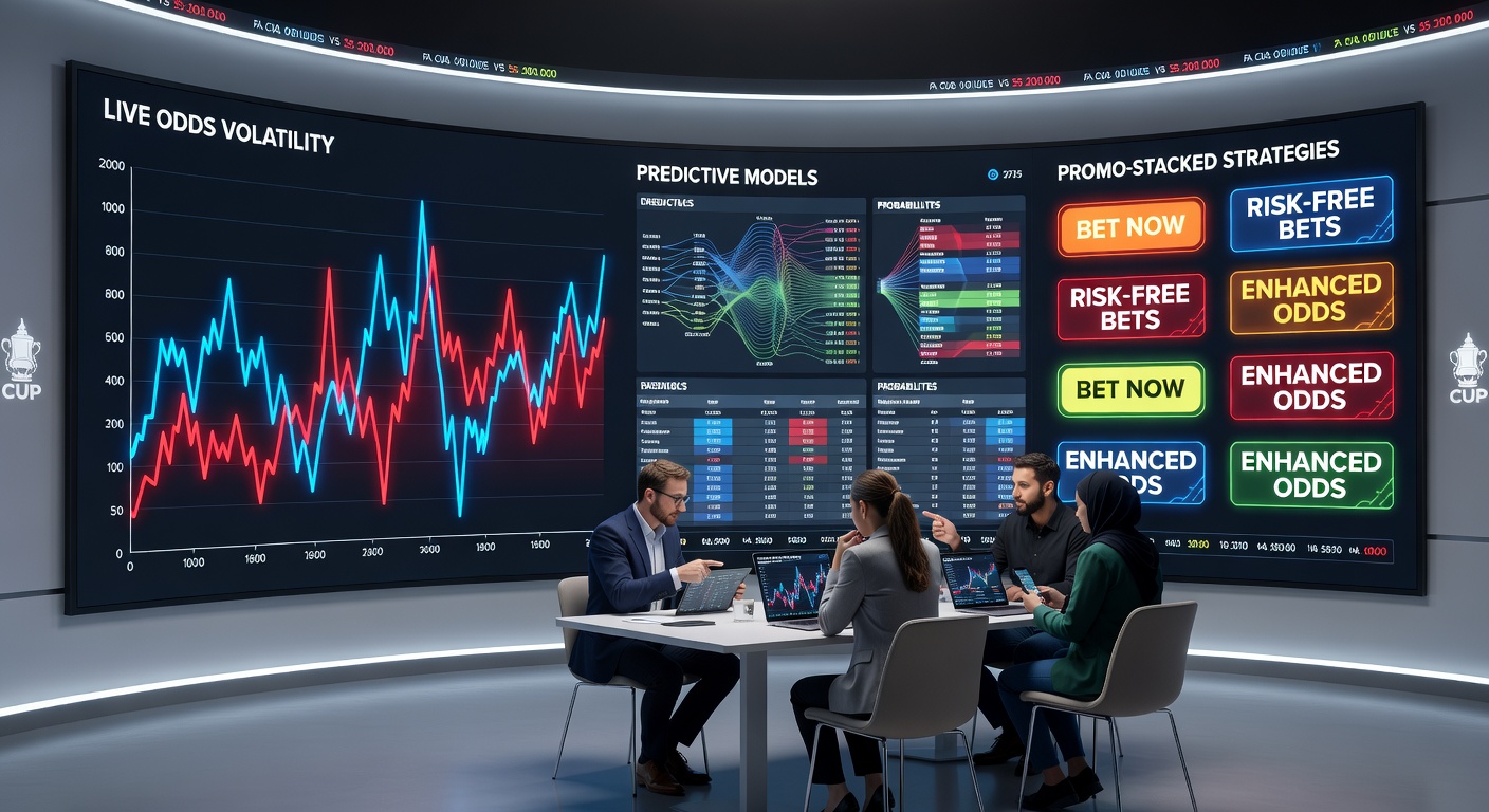 Screenshot of an AI predictive model dashboard displaying FA Cup match probabilities, with heatmaps and probability bars shifting in real-time during a live game