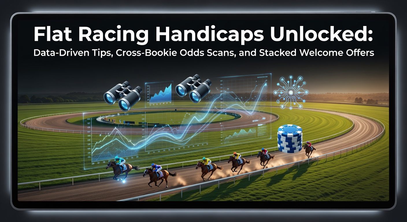 Vibrant flat racing scene at a UK track with horses charging down the straight, highlighting handicap race dynamics