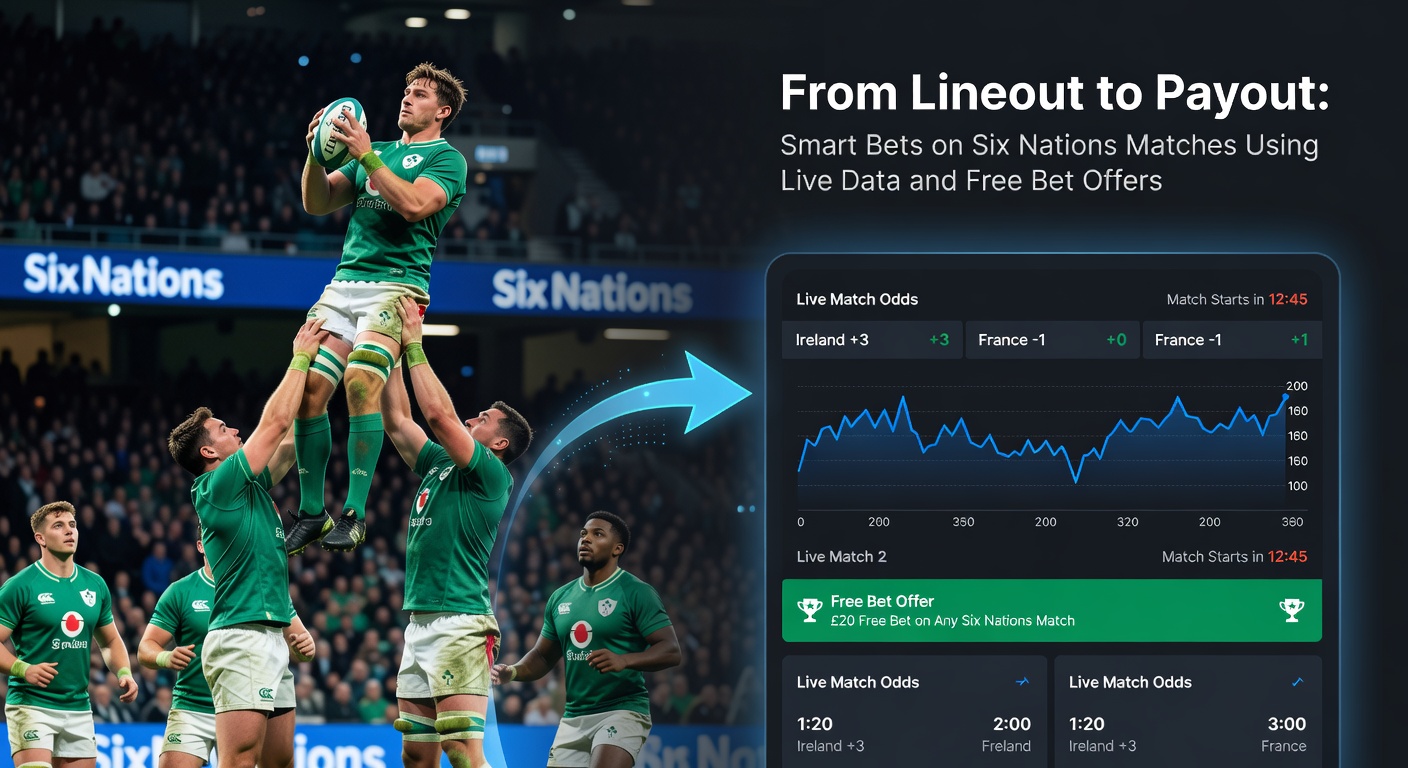 Dynamic Six Nations rugby lineout clash with overlaid live betting odds display