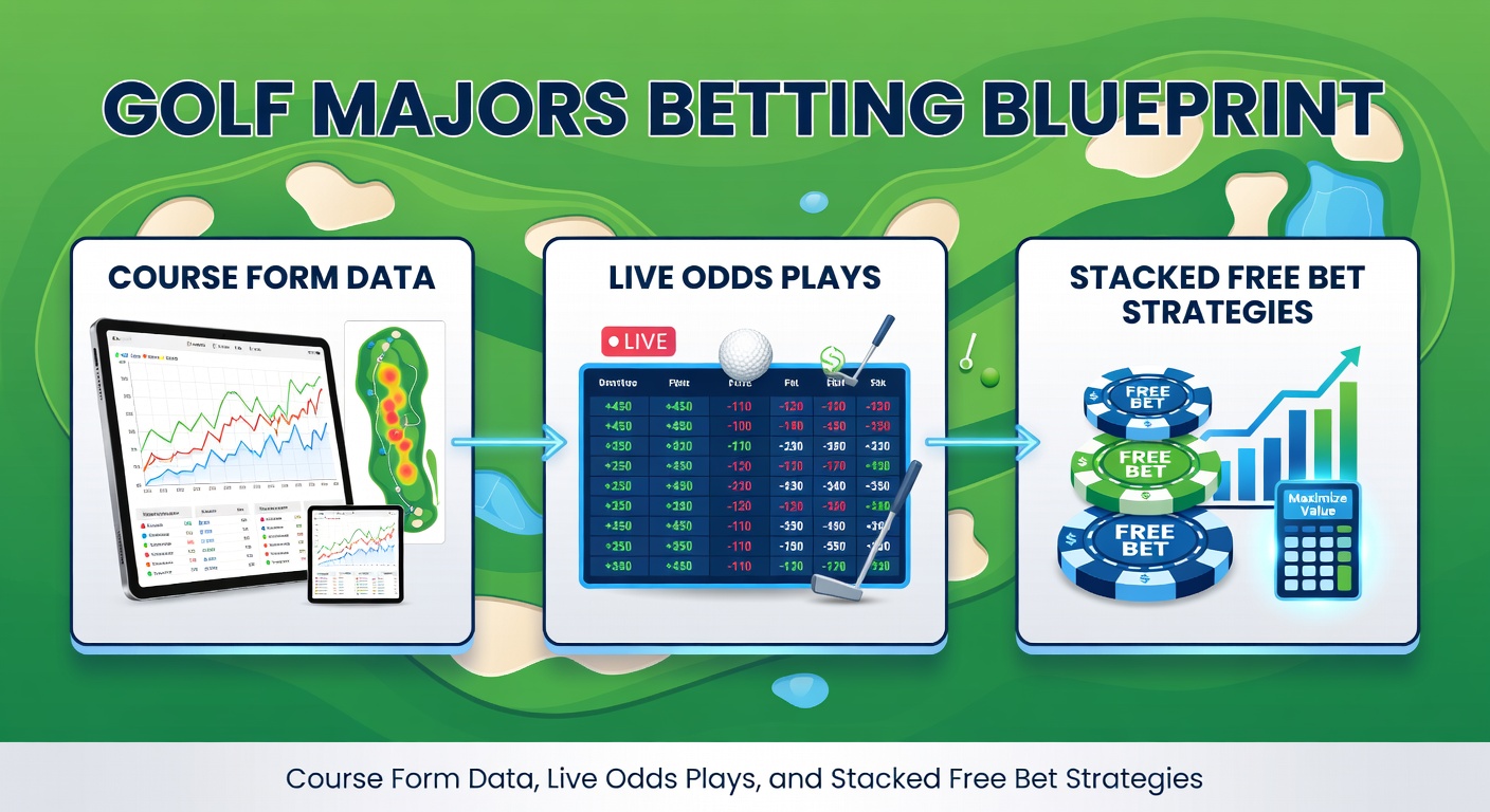 Vibrant scene of golfers competing in a major tournament with betting odds overlay, highlighting course strategy and live action