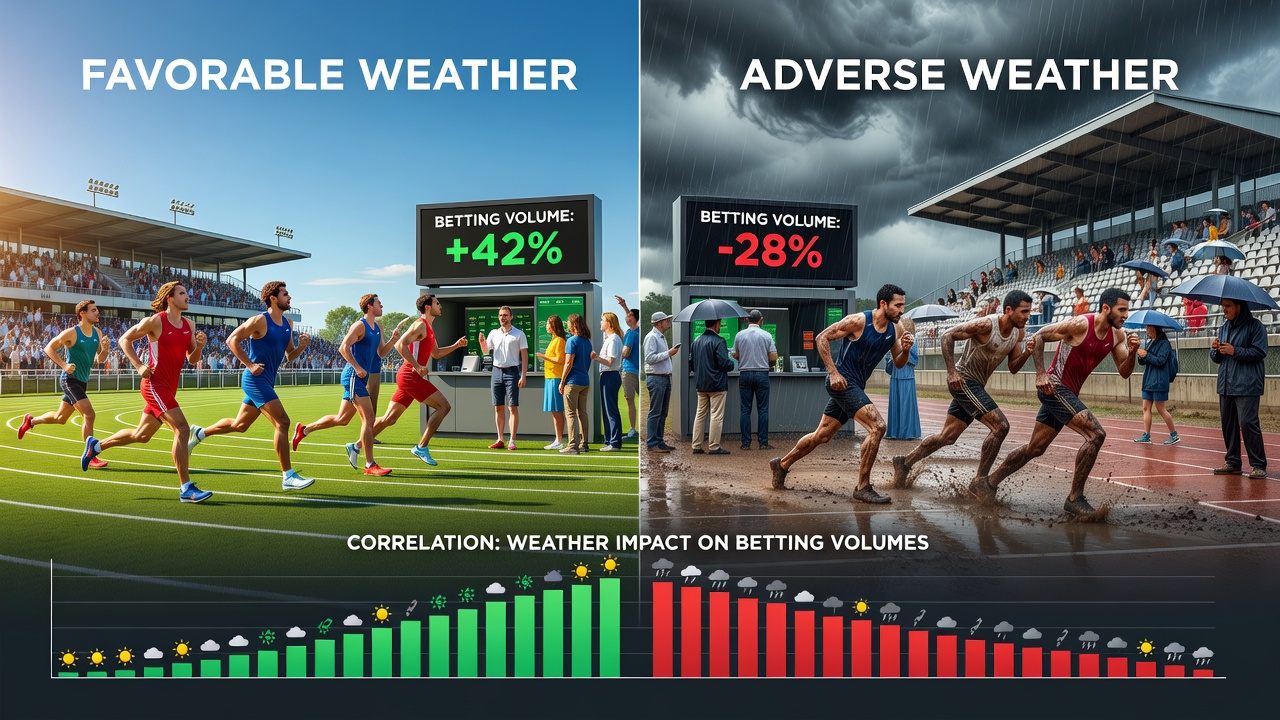 Bettors reviewing live odds on mobile devices at an outdoor stadium during changing weather