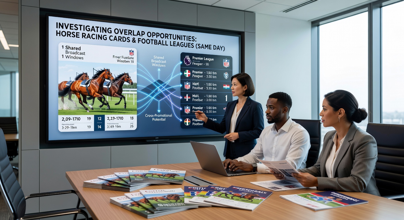 Split-screen graphic illustrating simultaneous horse racing and football match timings across different venues