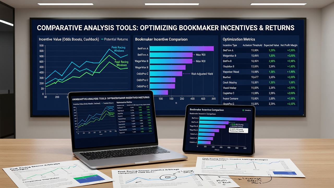 Bettors reviewing odds comparison charts on mobile devices at a racetrack