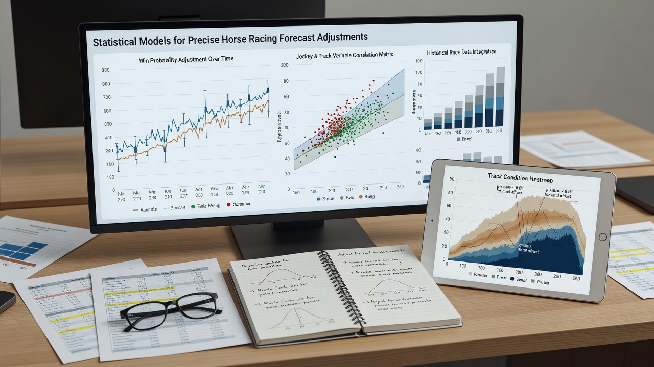 Analysts reviewing horse racing statistical outputs on multiple monitors showing probability charts and model adjustments