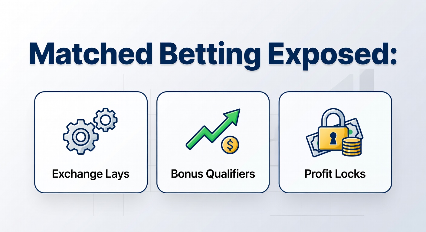 Visual breakdown of a matched betting setup showing a back bet on a bookmaker site alongside a lay bet on a betting exchange interface, highlighting profit calculations