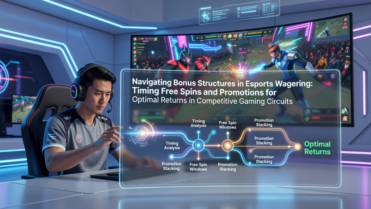 Esports tournament scene with betting interface overlays showing bonus promotions and timing indicators