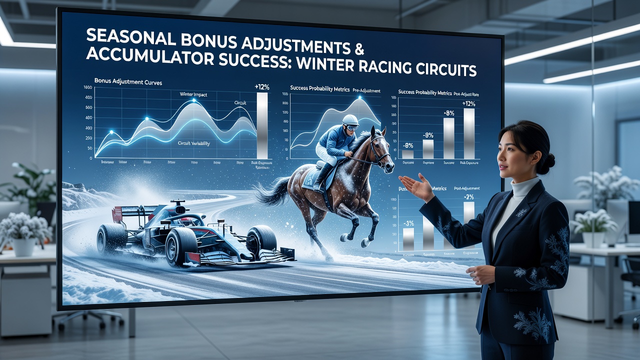 Winter racing circuit with horses jumping fences under overcast skies and bettors reviewing accumulator options on mobile apps