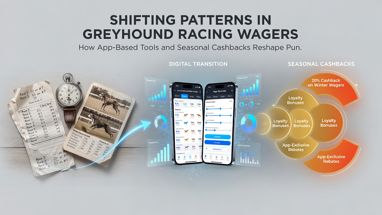 Greyhound track scene with overlaid graphics showing seasonal cashback statistics and app usage trends