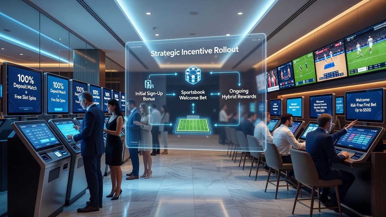 Operators reviewing data dashboards for welcome incentive deployment across hybrid platforms