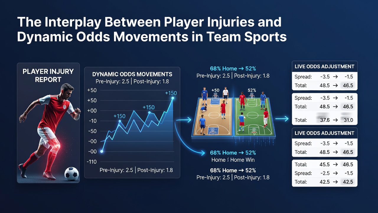 Sports analyst reviewing live injury reports alongside shifting betting odds on multiple screens during a major league match