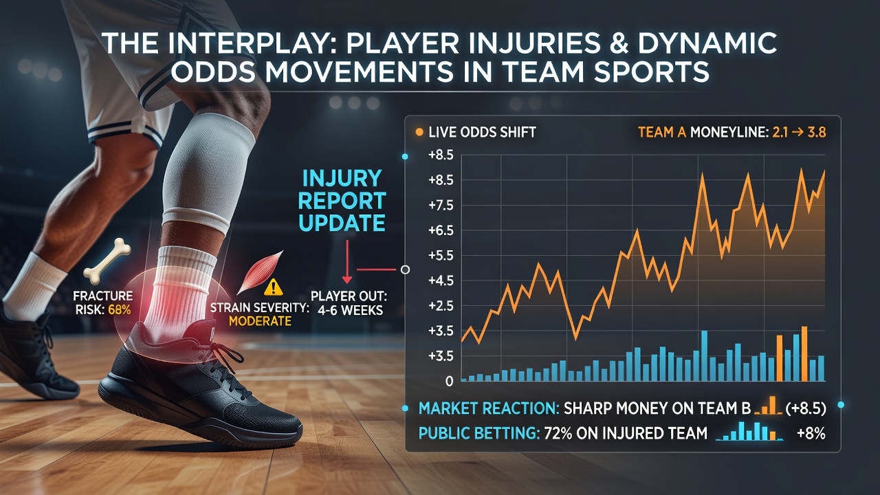 Live betting dashboard displaying dynamic odds shifts following a key player injury announcement in a team sport event
