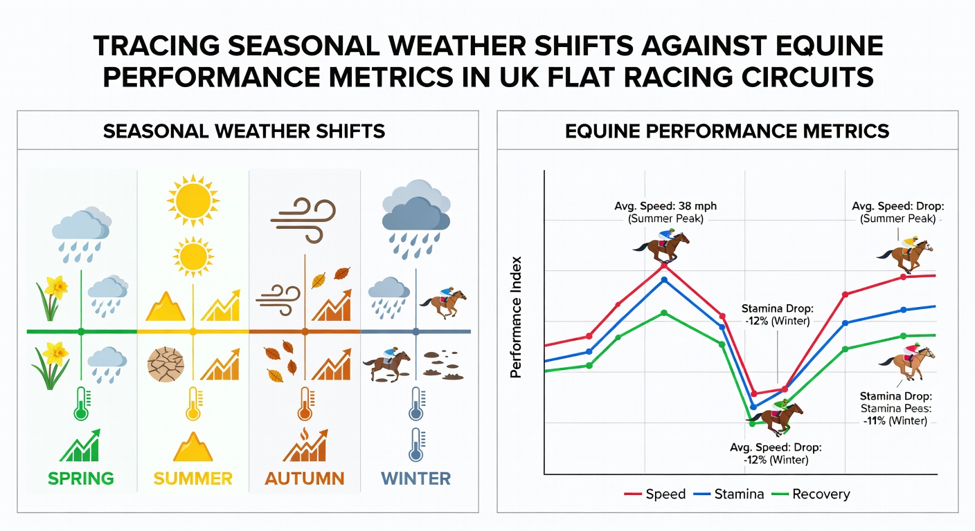 UK flat racing track under varying seasonal weather conditions with horses in action