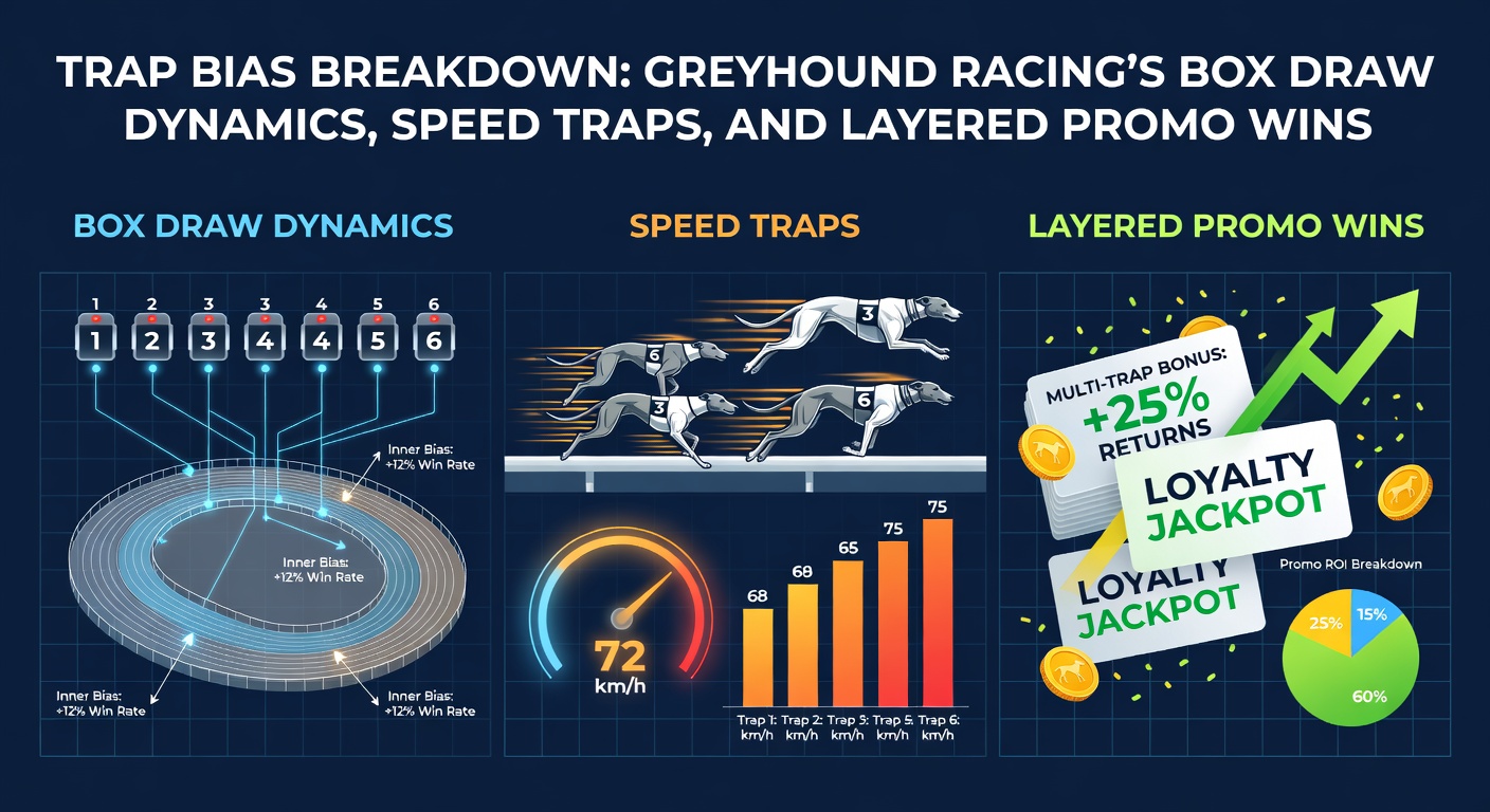 Greyhounds bursting from traps at the start of a race, highlighting box draw positions on a curved track