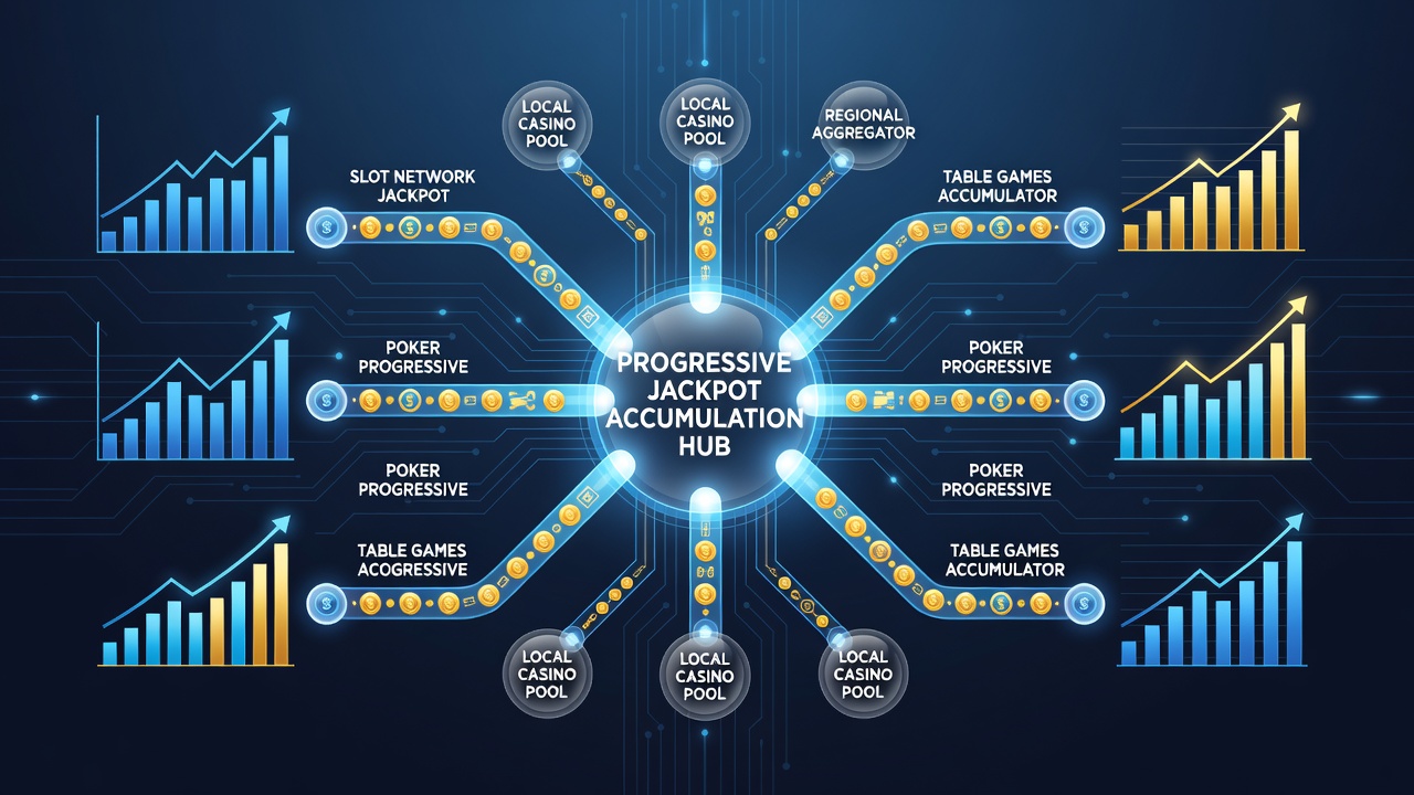 Network diagram showing multiple casino platforms linked to a central progressive jackpot pool with contribution arrows and accumulation indicators