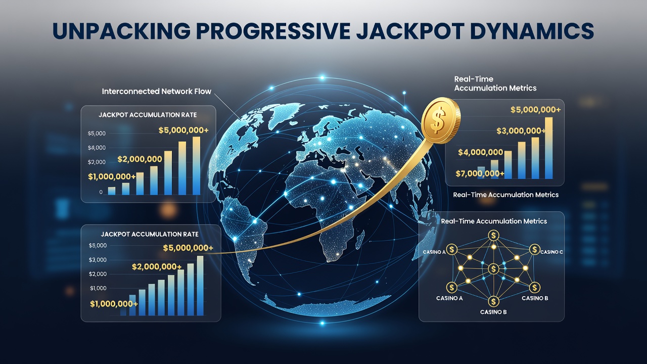 Casino floor and online interface displaying synchronized progressive jackpot counters across multiple devices