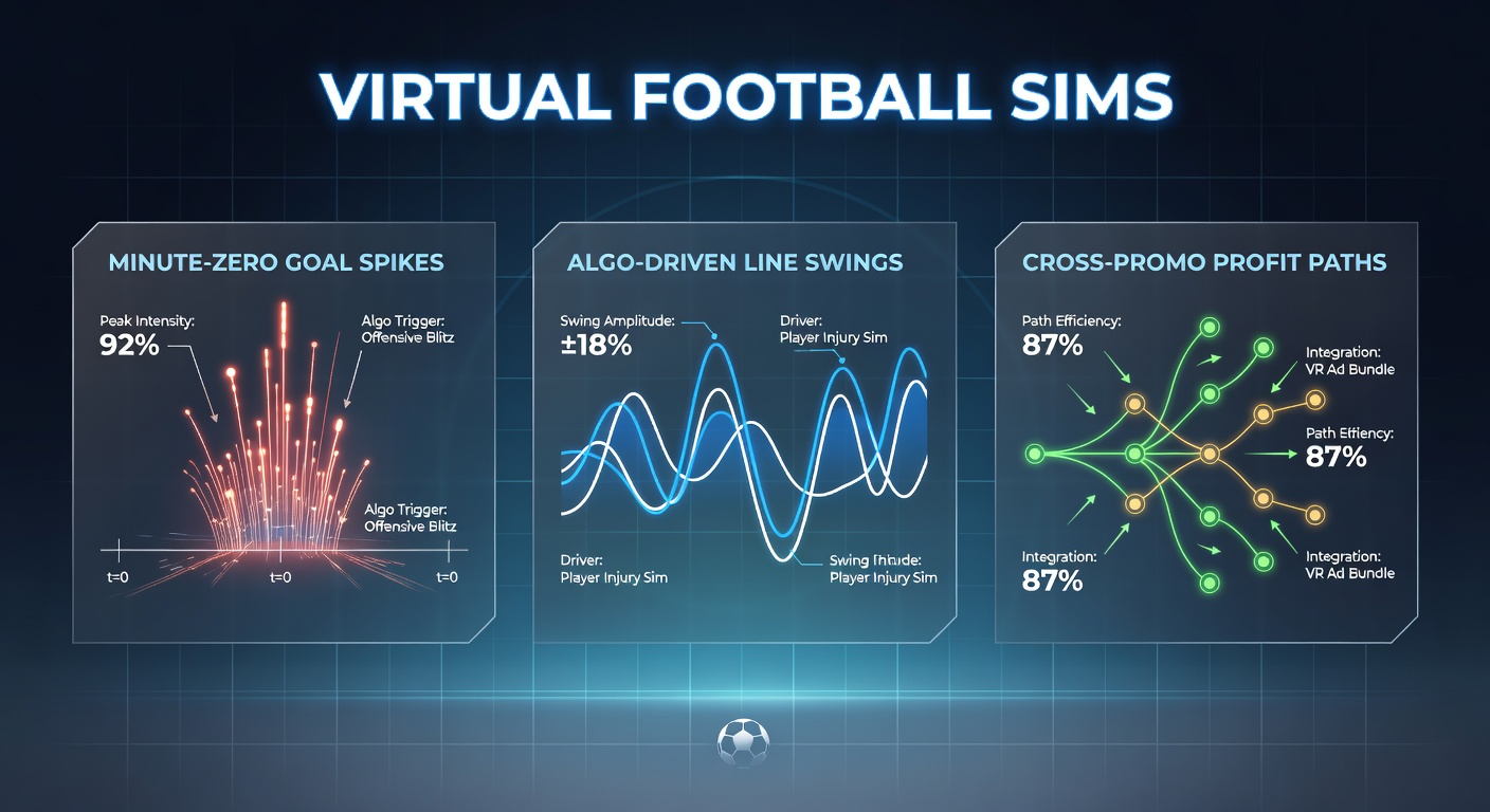 Dynamic virtual football simulation showing a goal celebration at the opening minute, with digital crowds and flashing scoreboards