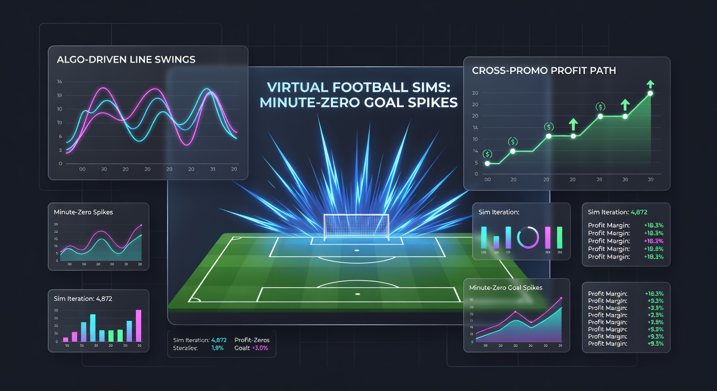 Close-up of algorithmic betting interface displaying rapid odds changes during a virtual football match, with graphs showing line swings and goal timelines