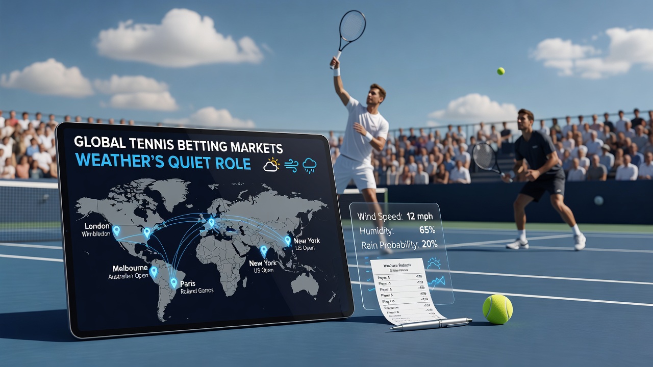 Tennis players competing on an outdoor court as weather conditions shift during a professional match