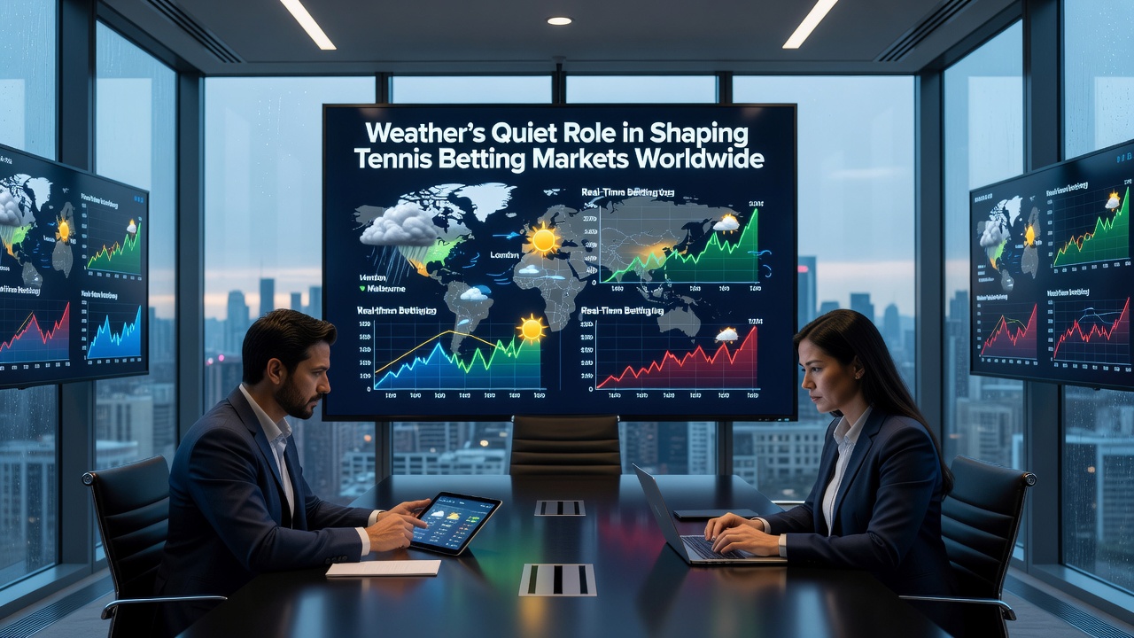 Analysts reviewing weather data and updated tennis odds on multiple screens in a betting operations center